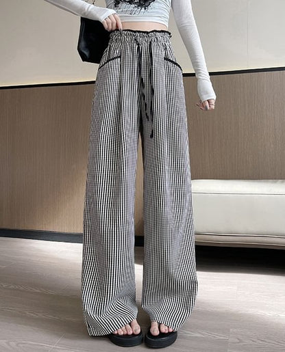 Contrast Panel Pocket Drawstring High Waist Wide Leg Pants SpreePicky