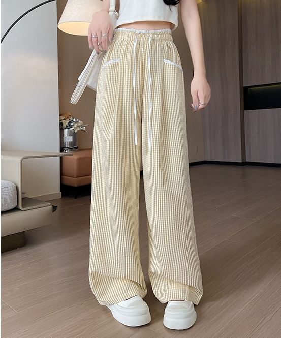 Contrast Panel Pocket Drawstring High Waist Wide Leg Pants SpreePicky