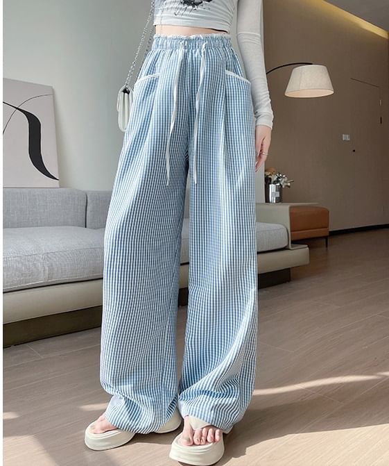 Contrast Panel Pocket Drawstring High Waist Wide Leg Pants SpreePicky