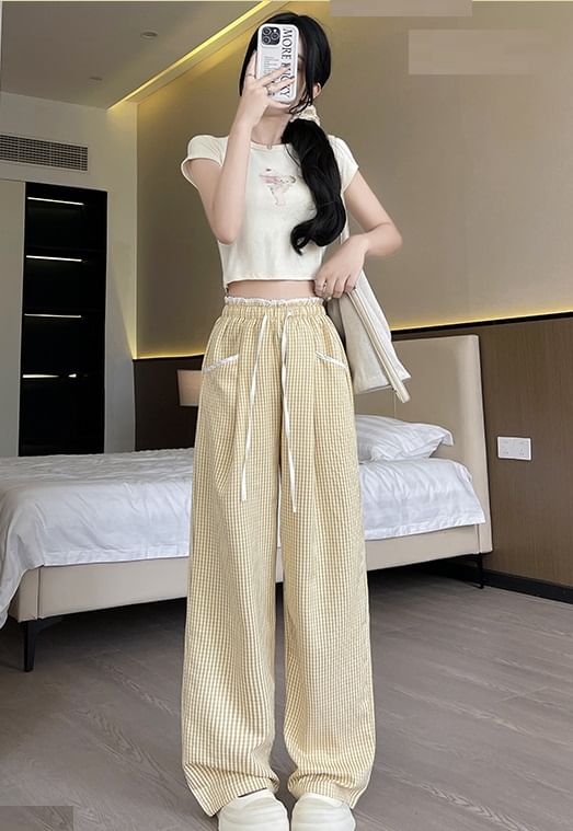 Contrast Panel Pocket Drawstring High Waist Wide Leg Pants SpreePicky