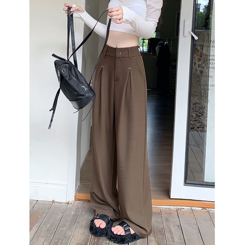 High Rise Plain Loose-Fit Wide-Leg Pants SpreePicky