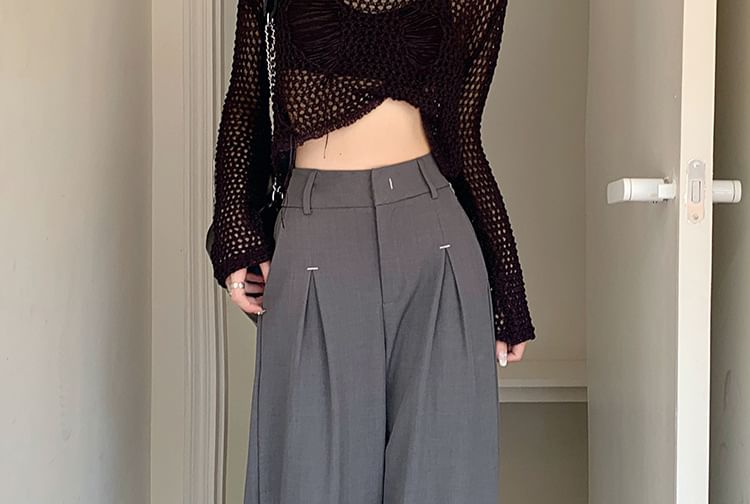 High Rise Plain Loose-Fit Wide-Leg Pants SpreePicky