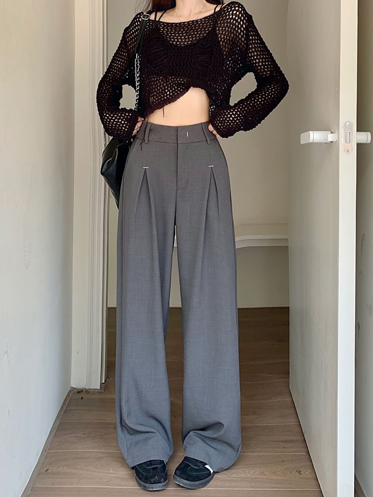 High Rise Plain Loose-Fit Wide-Leg Pants SpreePicky