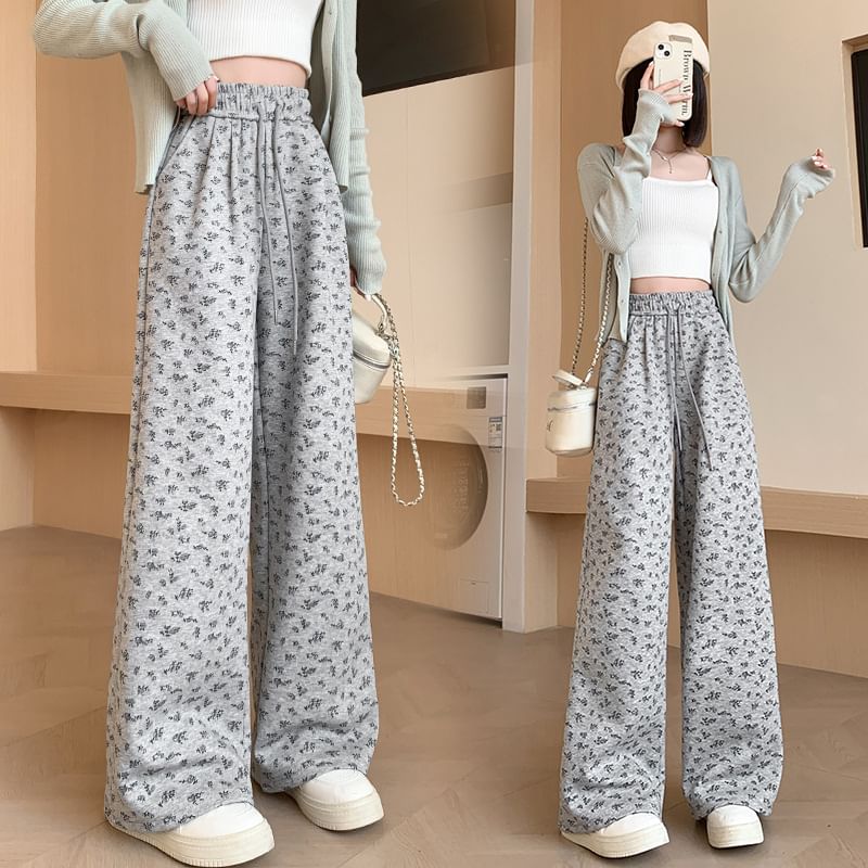 Drawstring Waist Floral Wide Leg Sweatpants SpreePicky