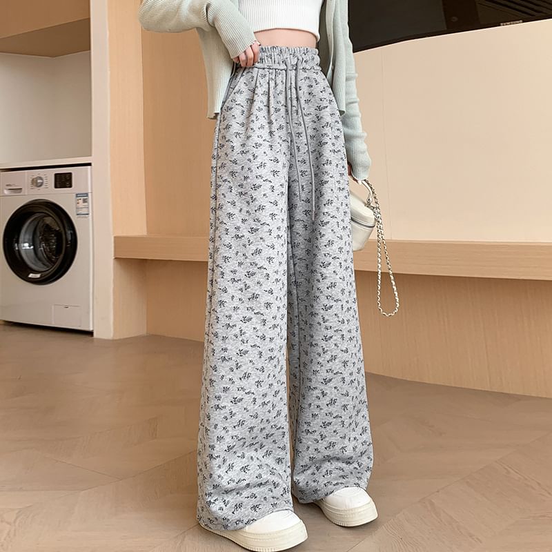 Drawstring Waist Floral Wide Leg Sweatpants SpreePicky