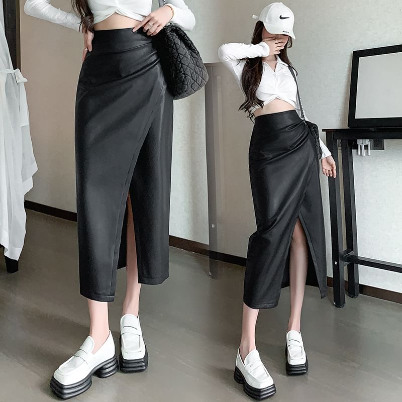 High Rise Plain Faux Leather Slit Midi Pencil Skirt SpreePicky