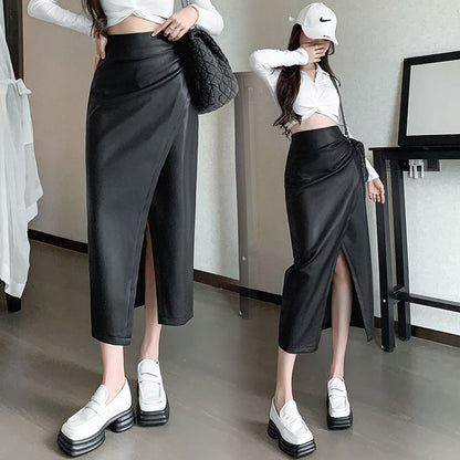 High Rise Plain Faux Leather Slit Midi Pencil Skirt SpreePicky