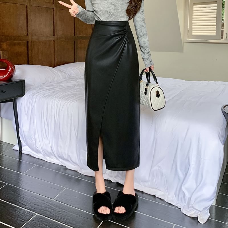 High Waist Plain Faux Leather Slit Midi A-Line Skirt SpreePicky