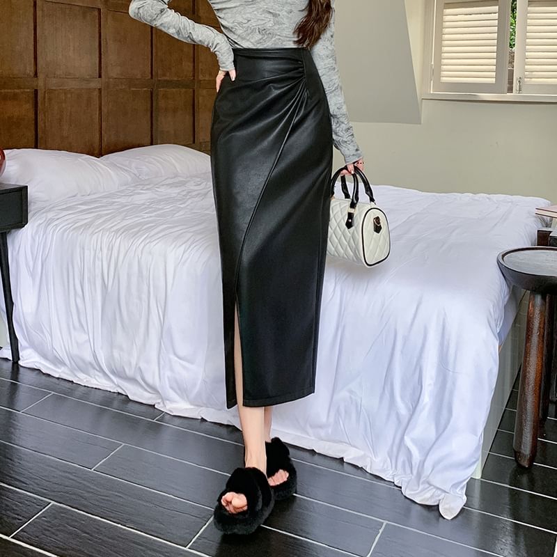 High Waist Plain Faux Leather Slit Midi A-Line Skirt SpreePicky