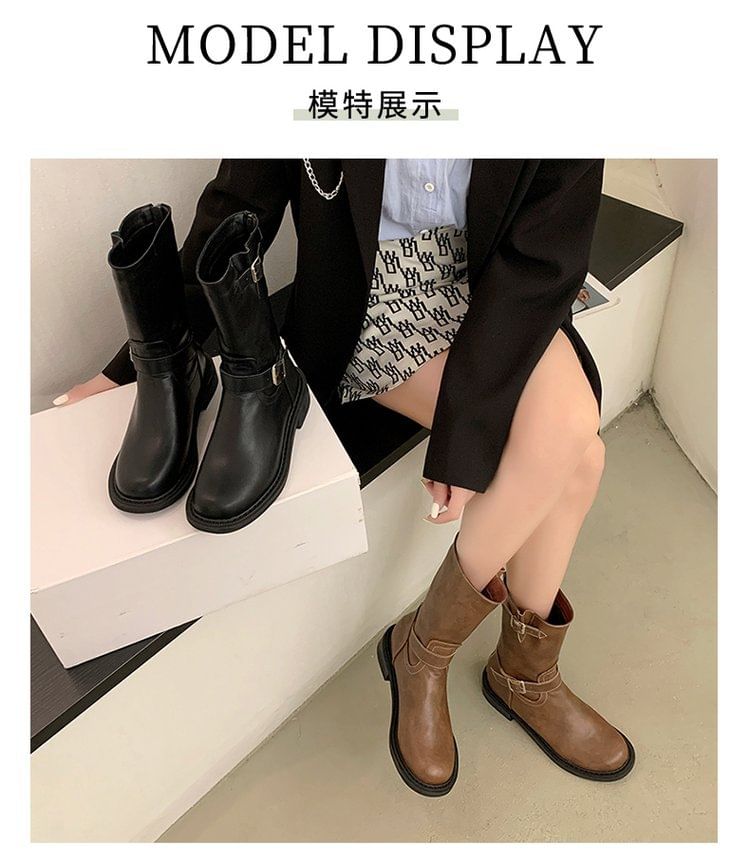 Buckled Low Heel Short Boots SpreePicky