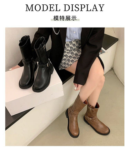 Buckled Low Heel Short Boots SpreePicky