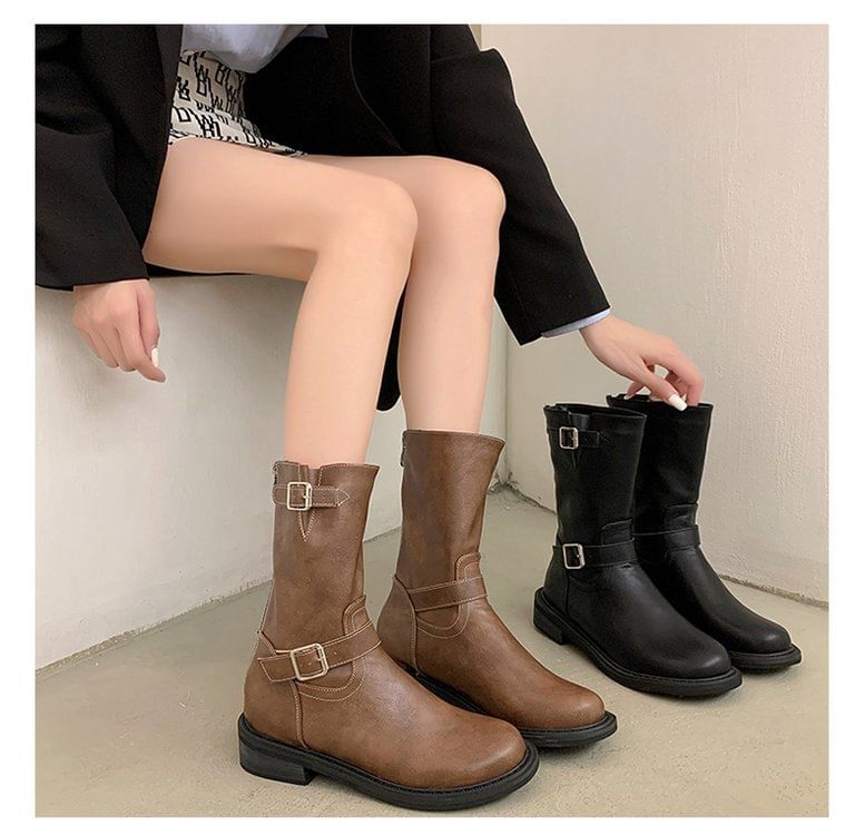 Buckled Low Heel Short Boots SpreePicky