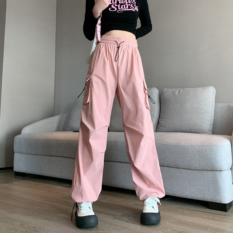 High Rise Plain Pocket Straight-Fit Wide-Leg Pants SpreePicky