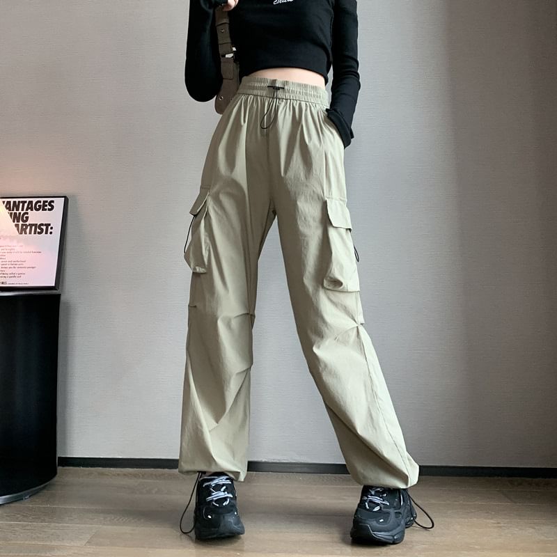 High Rise Plain Pocket Straight-Fit Wide-Leg Pants SpreePicky