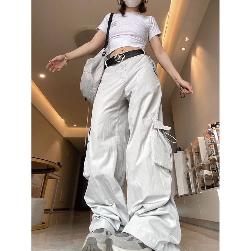 High Waist Plain Pocket Loose-Fit Wide-Leg Cargo Pants SpreePicky