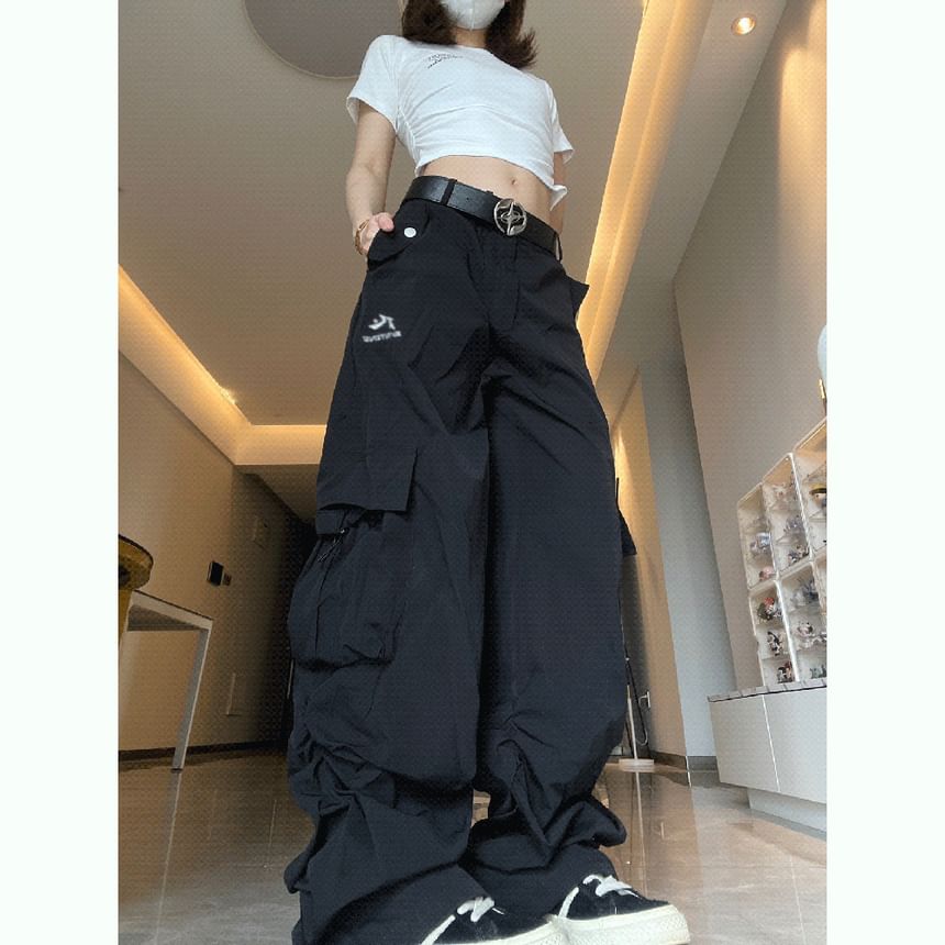 High Waist Plain Pocket Loose-Fit Wide-Leg Cargo Pants SpreePicky