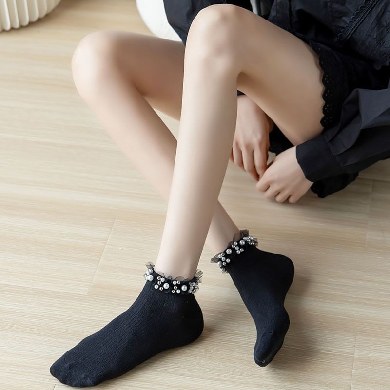 Faux Pearl Mesh Ruffle Socks SpreePicky