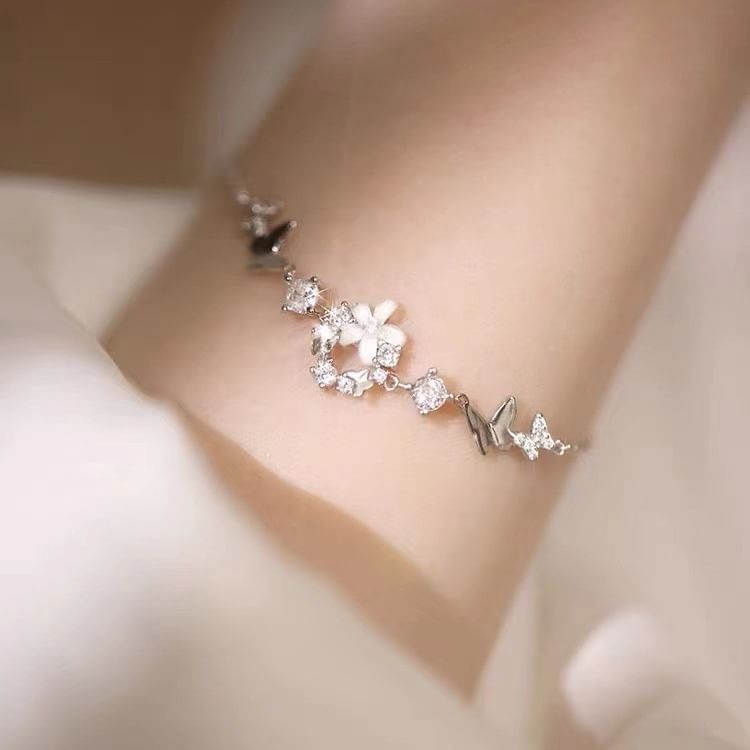 Sterling Silver Rhinestone Floral Bracelet SpreePicky