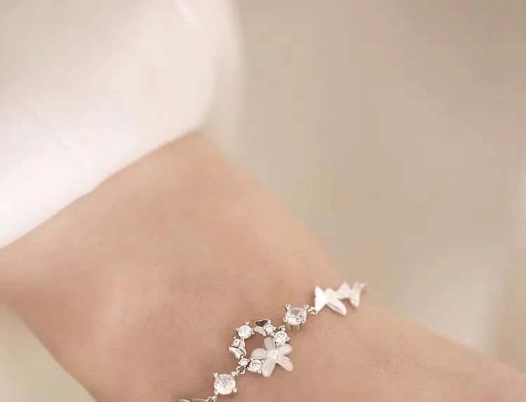 Sterling Silver Rhinestone Floral Bracelet SpreePicky