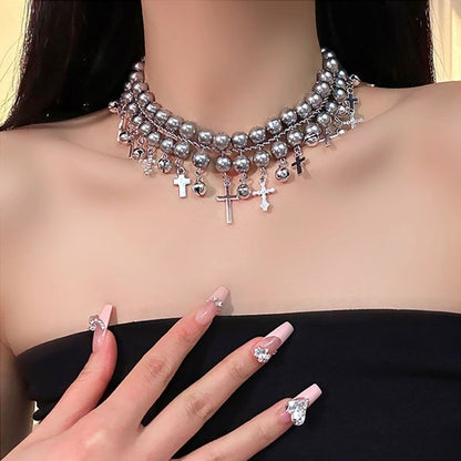 Cross Faux Pearl Choker / Layered Faux Pearl Choker SpreePicky