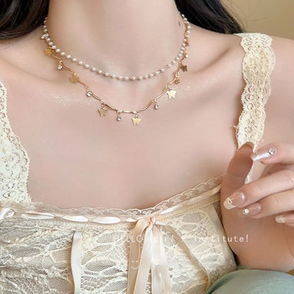 Butterfly Layered Faux Pearl Alloy Choker SpreePicky