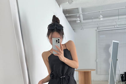 Spaghetti Strap Plain Backless Tie Up Jumpsuit SpreePicky