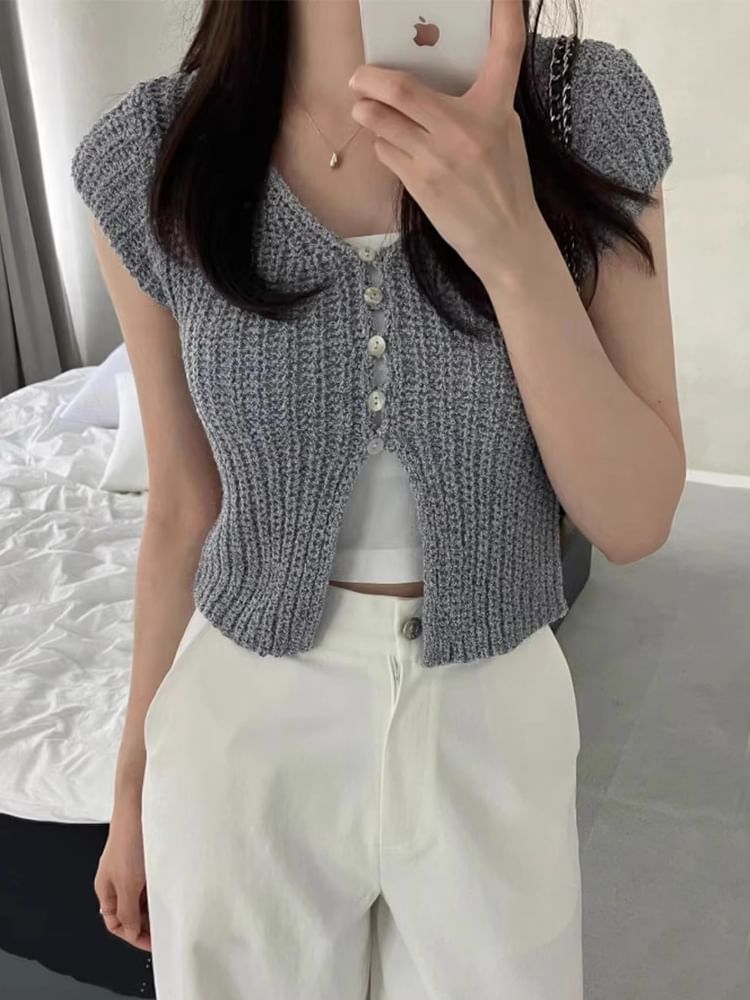 Short Sleeve V-Neck Button Up Cropped Cardigan SpreePicky