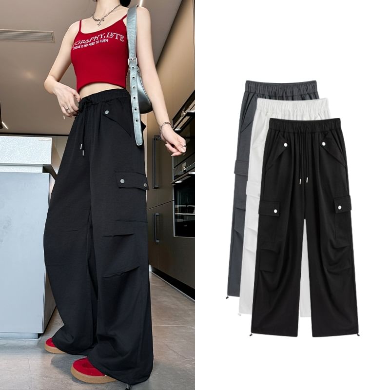 High Waist Pocketed Drawstring Wide Leg Parachute Cargo Sweatpants SpreePicky