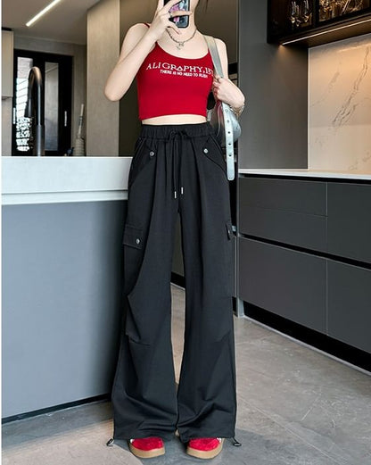 High Waist Pocketed Drawstring Wide Leg Parachute Cargo Sweatpants SpreePicky