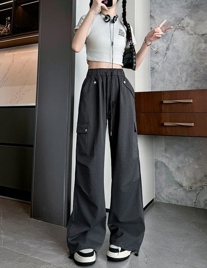 High Waist Pocketed Drawstring Wide Leg Parachute Cargo Sweatpants SpreePicky