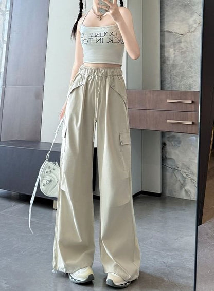 High Waist Pocketed Drawstring Wide Leg Parachute Cargo Sweatpants SpreePicky