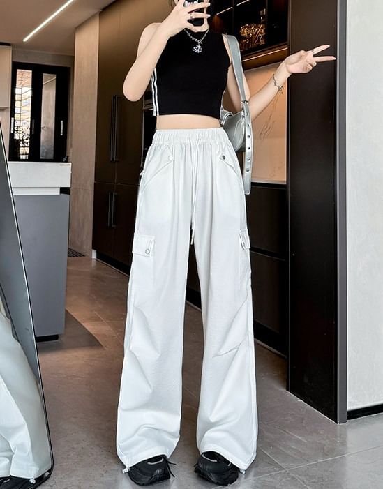 High Waist Pocketed Drawstring Wide Leg Parachute Cargo Sweatpants SpreePicky