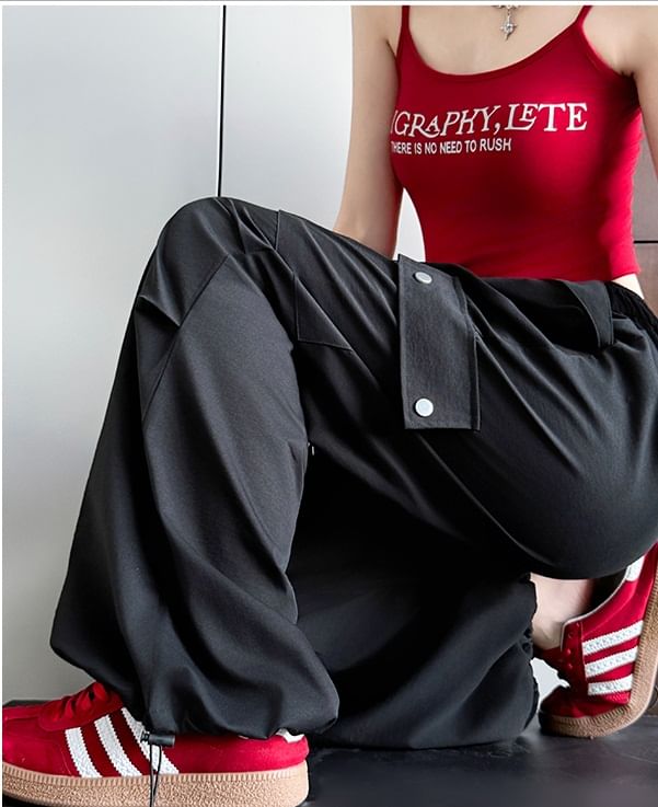 High Waist Pocketed Drawstring Wide Leg Parachute Cargo Sweatpants SpreePicky