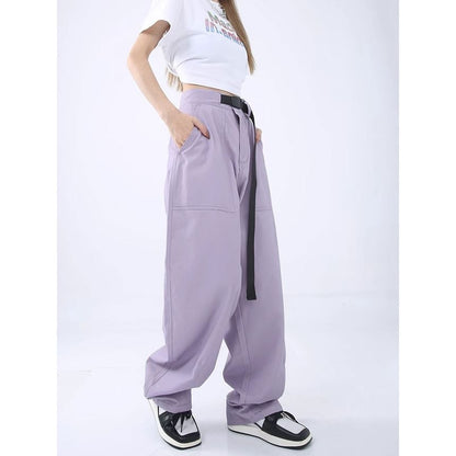 High Rise Buckle Accent Plain Straight-Fit Wide-Leg Cargo Pants SpreePicky