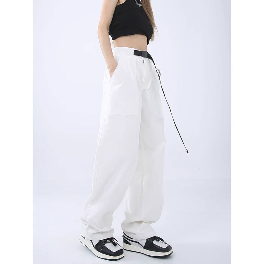 High Rise Buckle Accent Plain Straight-Fit Wide-Leg Cargo Pants SpreePicky