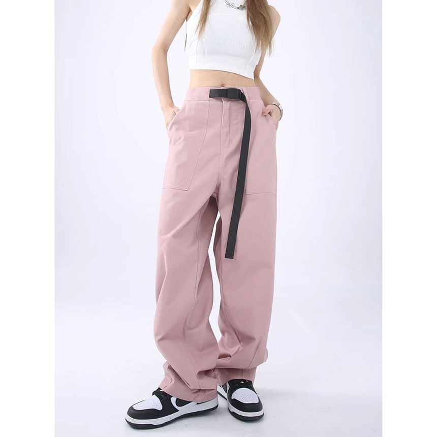 High Rise Buckle Accent Plain Straight-Fit Wide-Leg Cargo Pants SpreePicky