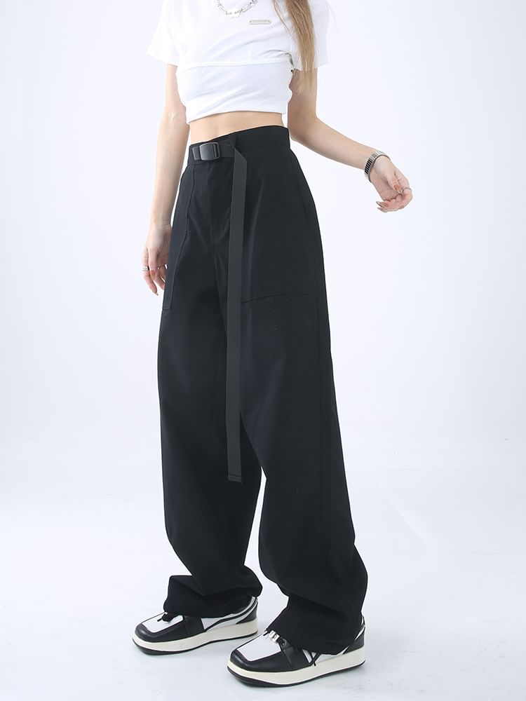 High Rise Buckle Accent Plain Straight-Fit Wide-Leg Cargo Pants SpreePicky