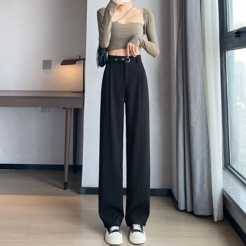 Waist Detail High Waist Straight Leg Slacks SpreePicky