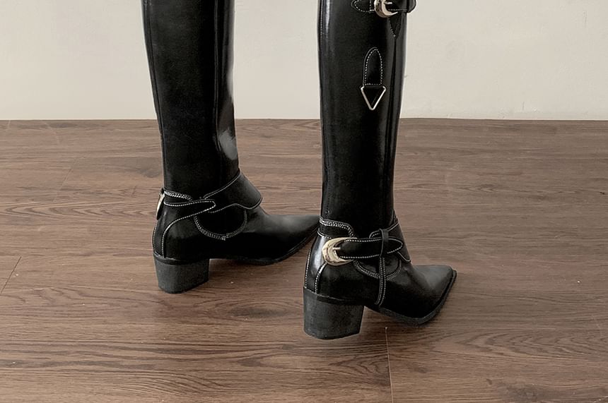 Pointed Toe Buckled Panel Knee High Boots mySite