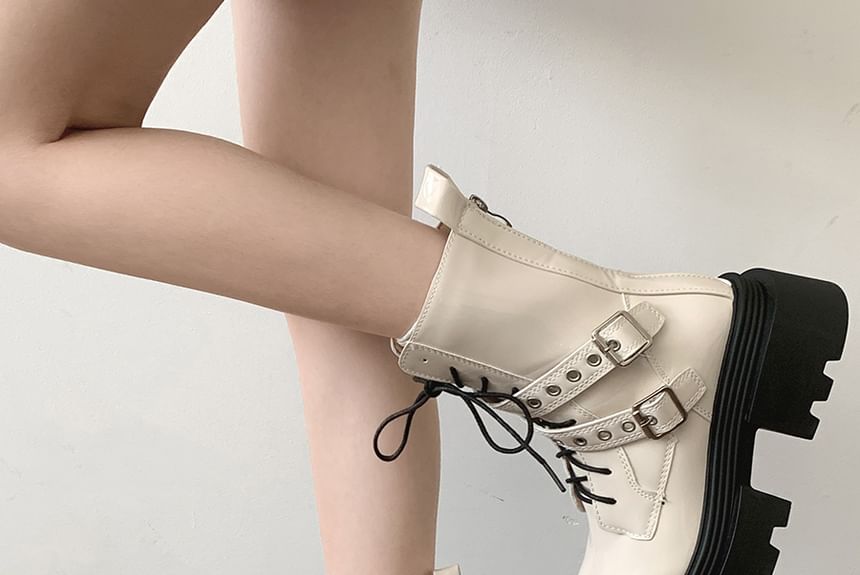 Platform Buckled Patent Leather Lace Up Short Boots mySite