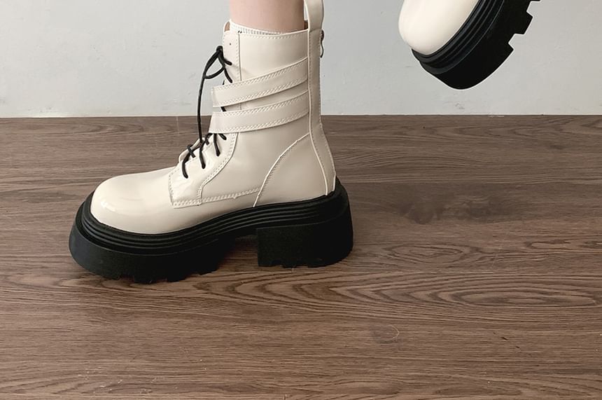 Platform Buckled Patent Leather Lace Up Short Boots mySite