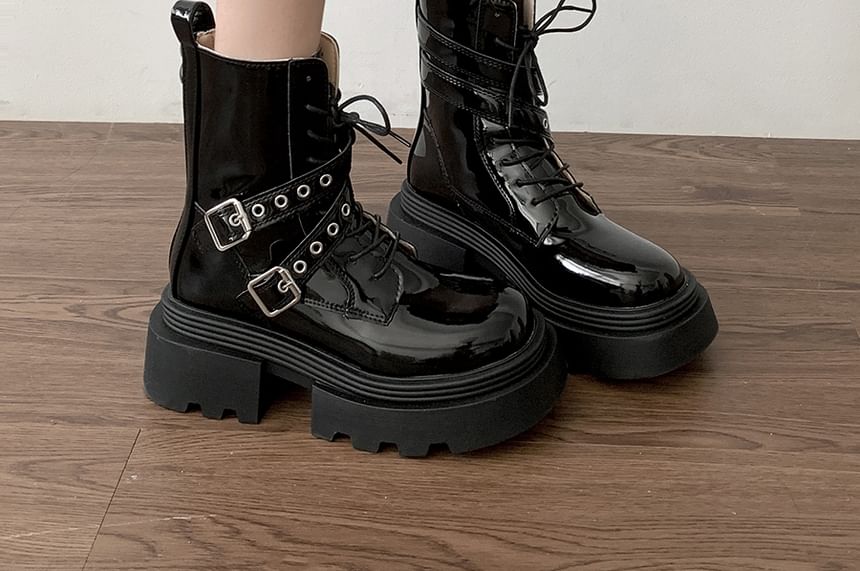 Platform Buckled Patent Leather Lace Up Short Boots mySite