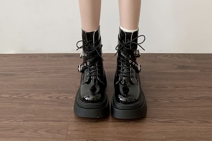 Platform Buckled Patent Leather Lace Up Short Boots mySite