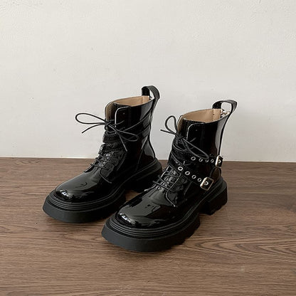 Platform Buckled Patent Leather Lace Up Short Boots mySite