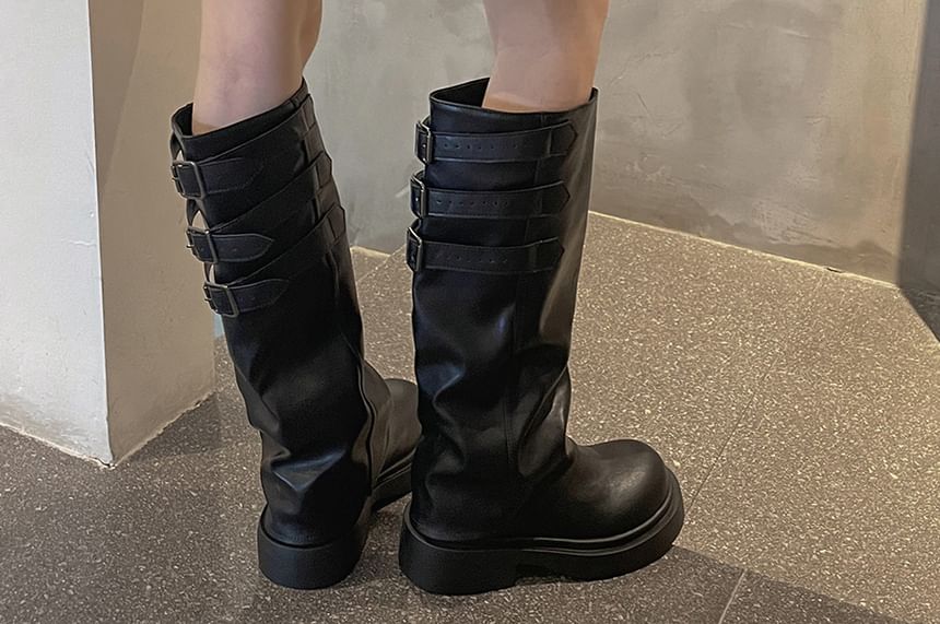 Platform Buckled Panel Knee High Boots mySite