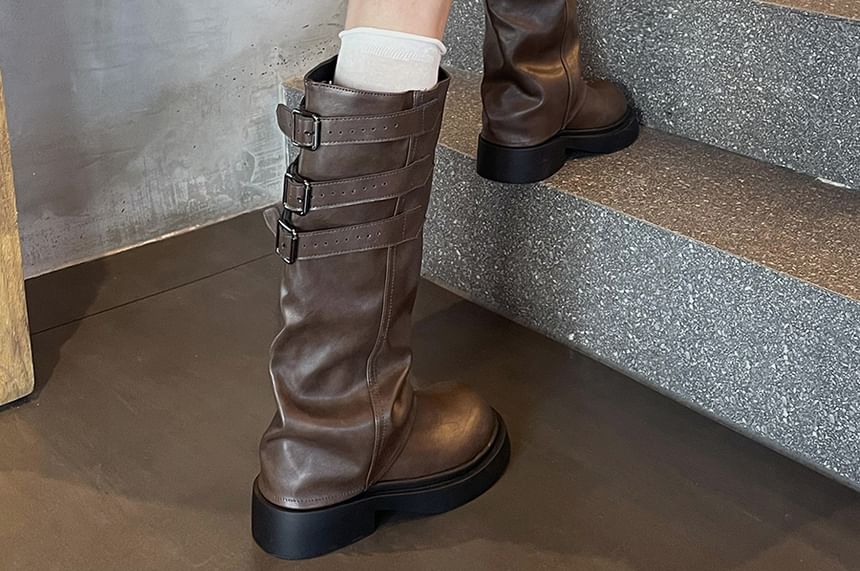 Platform Buckled Panel Knee High Boots mySite