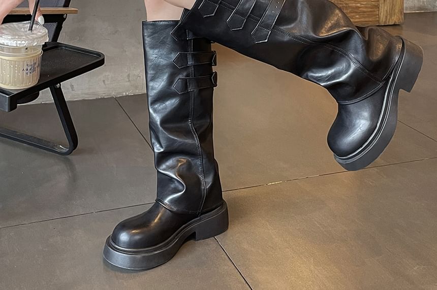 Platform Buckled Panel Knee High Boots mySite