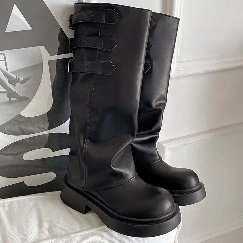 Platform Buckled Panel Knee High Boots mySite