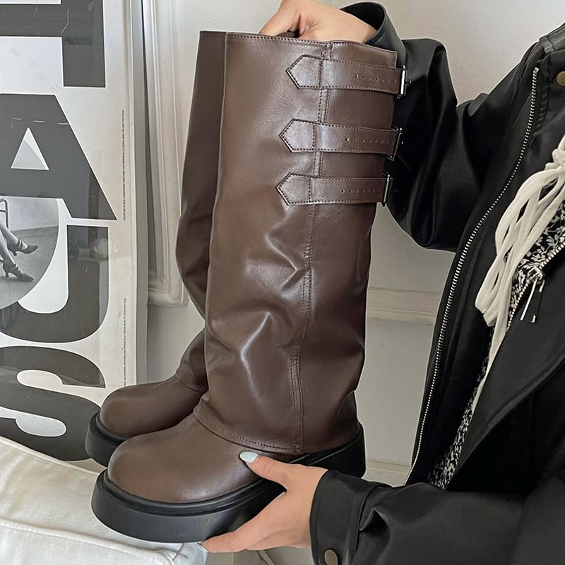 Platform Buckled Panel Knee High Boots mySite