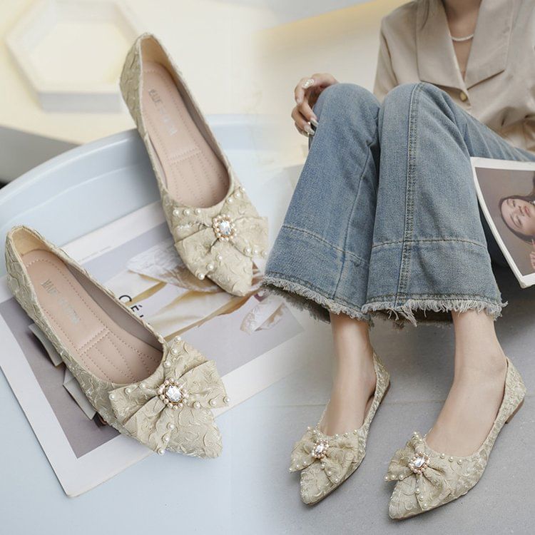 Pointed Toe Rhinestone Faux Pearl Bow Flats SpreePicky